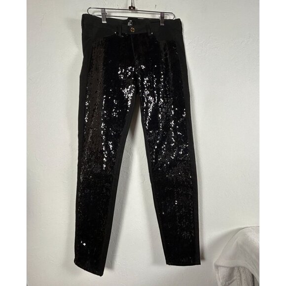 H&M Women's Black Sequined Skinny Pants Size 12 Mid-Rise Stretch Pockets Lined - Picture 1 of 8